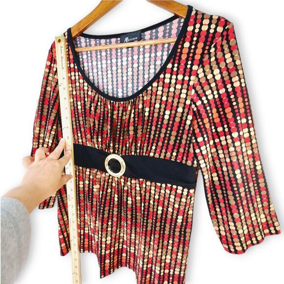 AB Studio Red Gold Black Faux Belt Polkadot Circles Blouse Italian Mob Wife Sz L - Picture 9 of 11